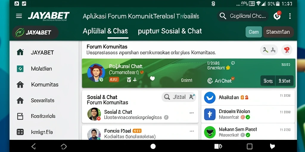 Antarmuka aplikasi JAYABET dengan berbagai fungsi Forum Komunitas.