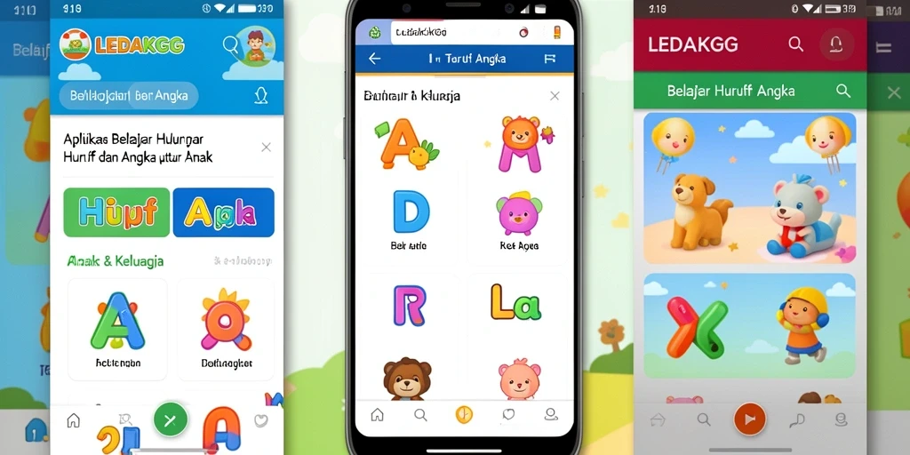 Antarmuka menarik LEDAKGG untuk belajar huruf dan angka.