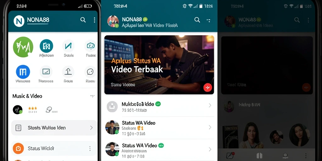 Screenshot antarmuka aplikasi NONA88 menampilkan berbagai pilihan video Status WA.